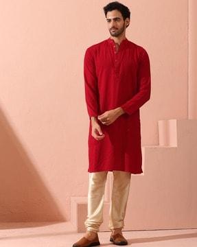 men regular fit long kurta with mandarin collar