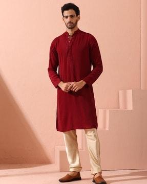 men regular fit long kurta with mandarin collar