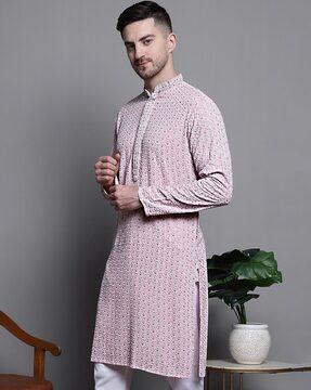 men regular fit long kurta with mandarin collar