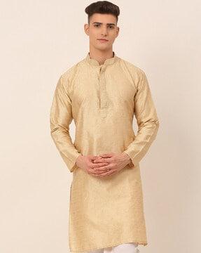 men regular fit long kurta with mandarin collar