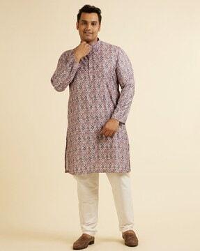 men regular fit long kurta with mandarin collar