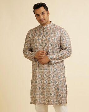 men regular fit long kurta with mandarin collar