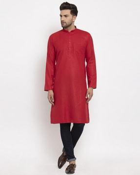 men regular fit long kurta with patch pocket