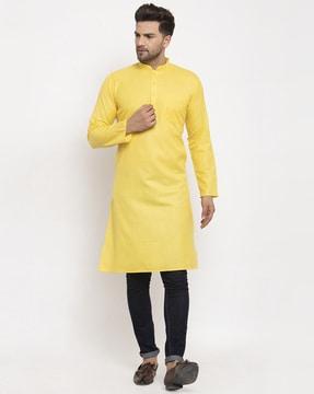 men regular fit long kurta with patch pocket