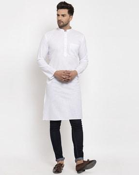 men regular fit long kurta with patch pocket