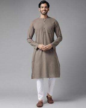 men regular fit long kurta with patch pocket