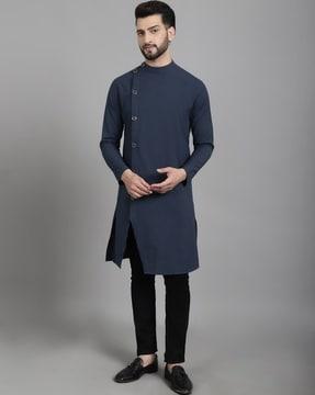 men regular fit long kurta with side-button closure