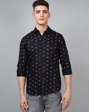 men regular fit micro print shirt with spread collar