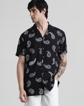 men regular fit paisley print lapel-collar shirt