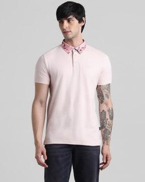 men regular fit polo t-shirt with floral print collar