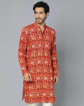 men regular fit printed kurat with mandarin collar