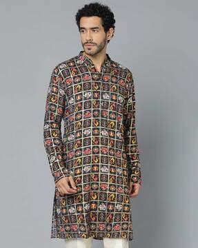 men regular fit printed kurat with mandarin collar