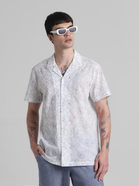 men regular fit printed lapel collar casual shirt