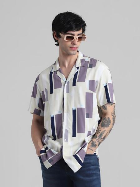 men regular fit printed lapel collar casual shirt