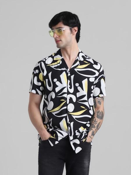 men regular fit printed lapel collar casual shirt