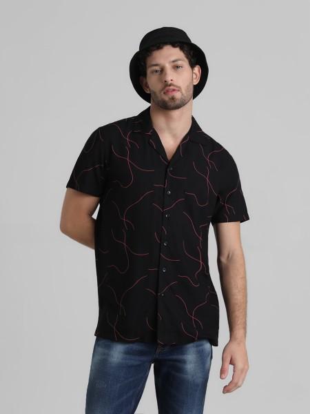 men regular fit printed lapel collar casual shirt