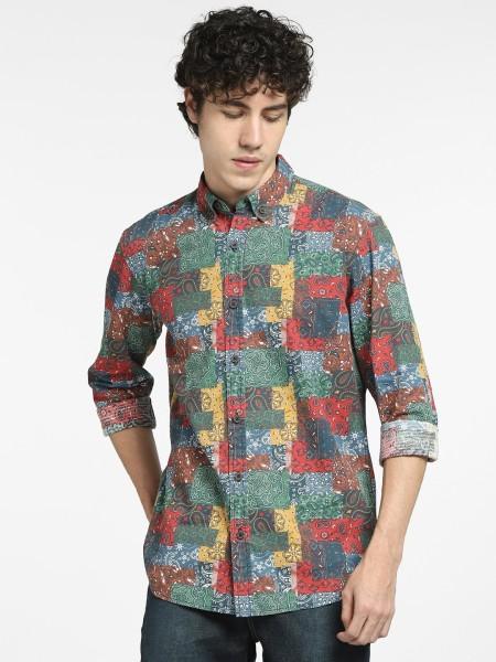 men regular fit printed spread collar casual shirt