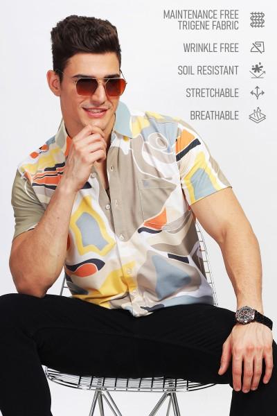 men regular fit printed spread collar casual shirt