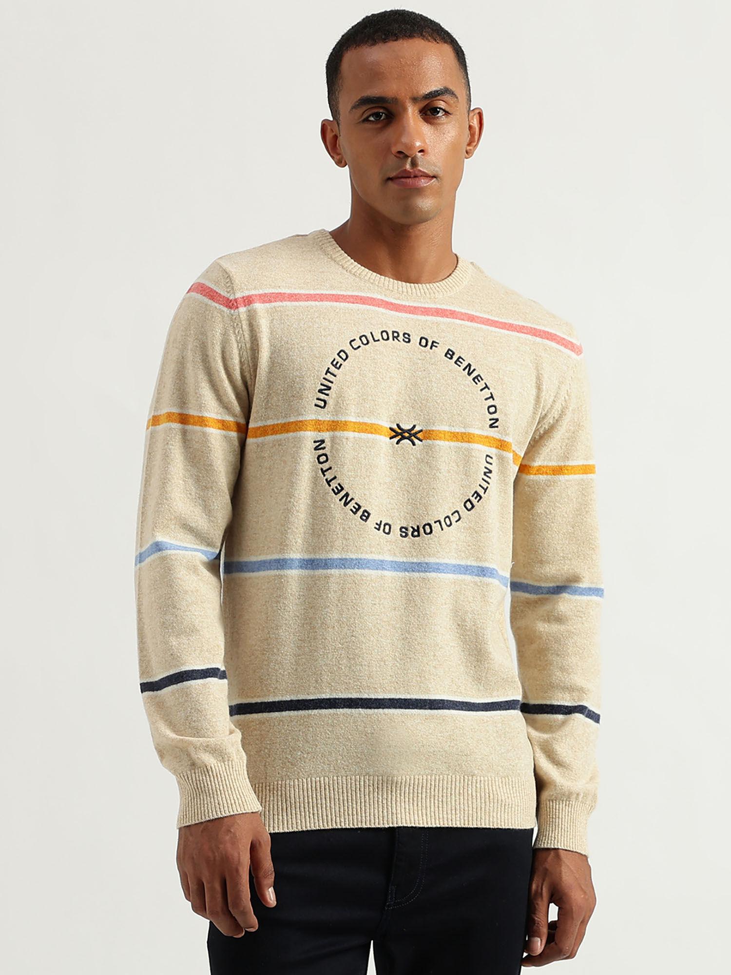 men regular fit round neck striped sweater-beige