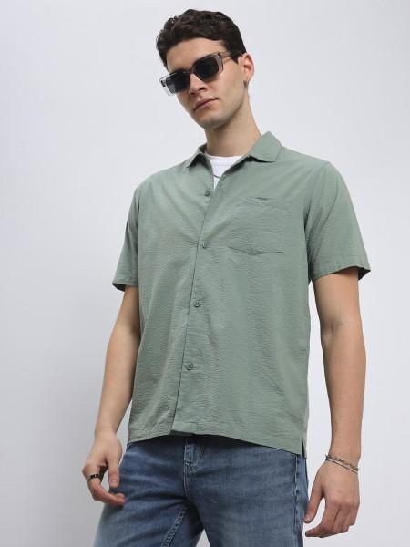 men regular fit self design spread collar casual shirt