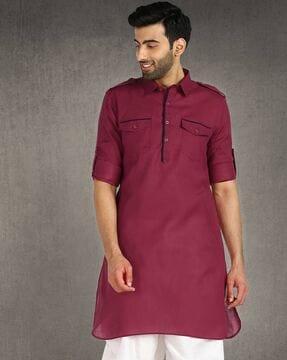 men regular fit short kurta with flap pockets