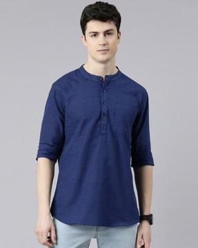 men regular fit short kurta with patch pocket