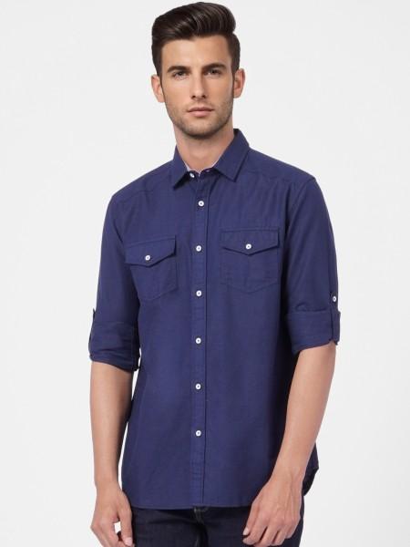 men regular fit solid spread collar casual shirt