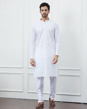 men regular fit striped long kurta with mandarin collar