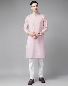 men regular fit striped mandarin-collar kurta