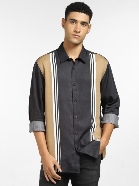 men regular fit striped spread collar casual shirt