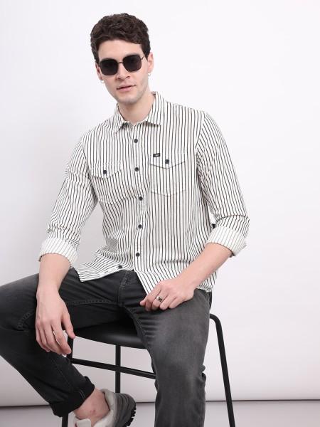 men regular fit striped spread collar casual shirt