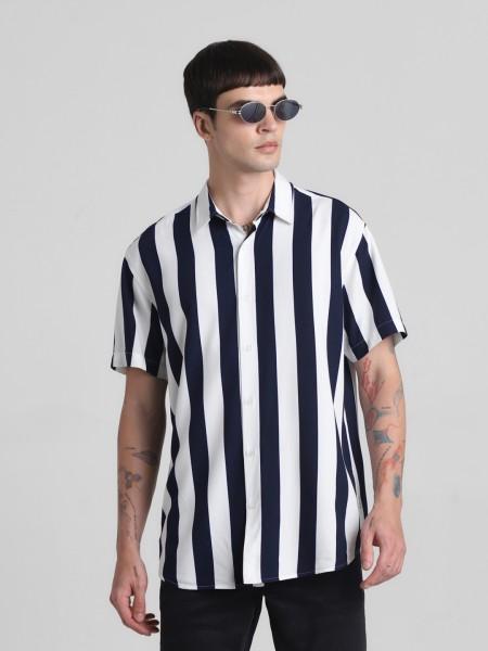 men regular fit striped spread collar casual shirt