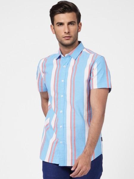 men regular fit striped spread collar casual shirt