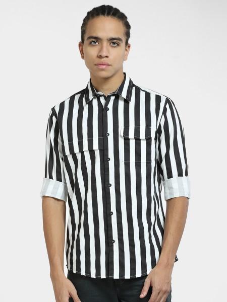 men regular fit striped spread collar casual shirt