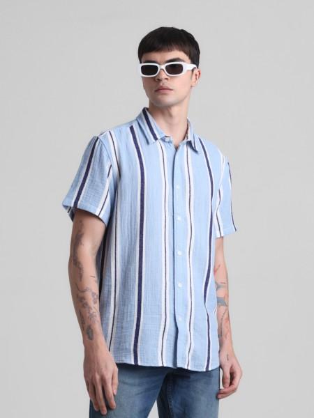 men regular fit striped spread collar casual shirt