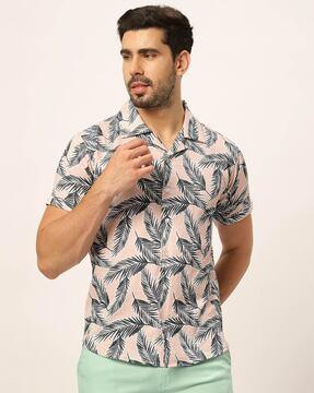 men regular fit tropical print shirt with short sleeves