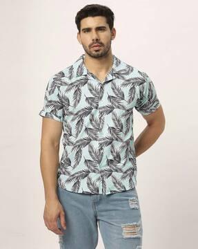 men regular fit tropical print shirt with short sleeves