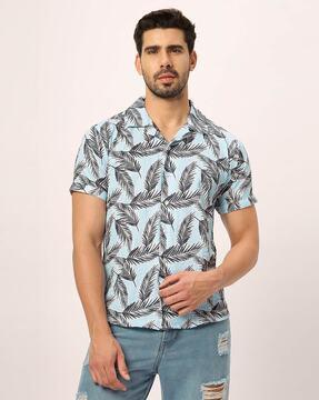 men regular fit tropical print shirt with short sleeves