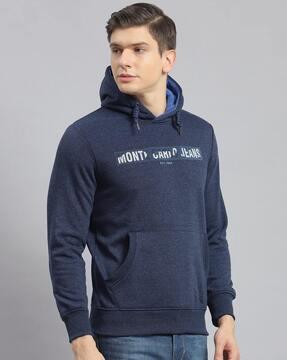 men regular fit typographic print hoodie with drawstring