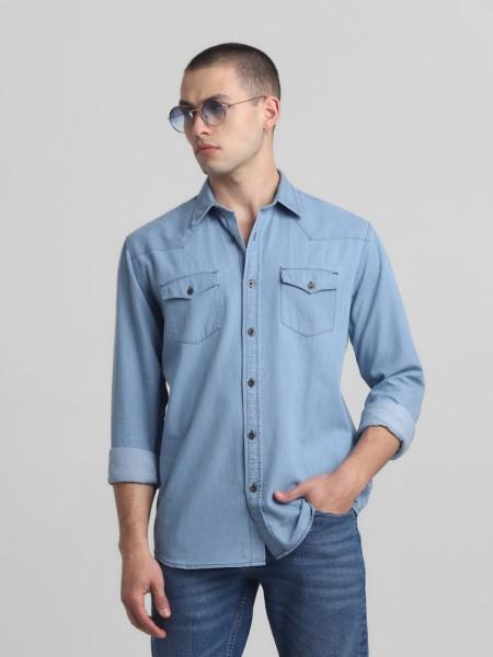 men regular fit washed spread collar casual shirt