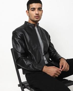 men regular fit zip-front biker jacket