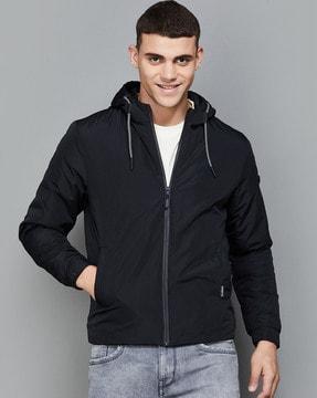 men regular fit zip-front hooded bomber jacket