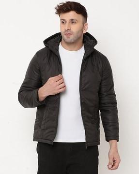 men regular fit zip-front hooded puffer jacket