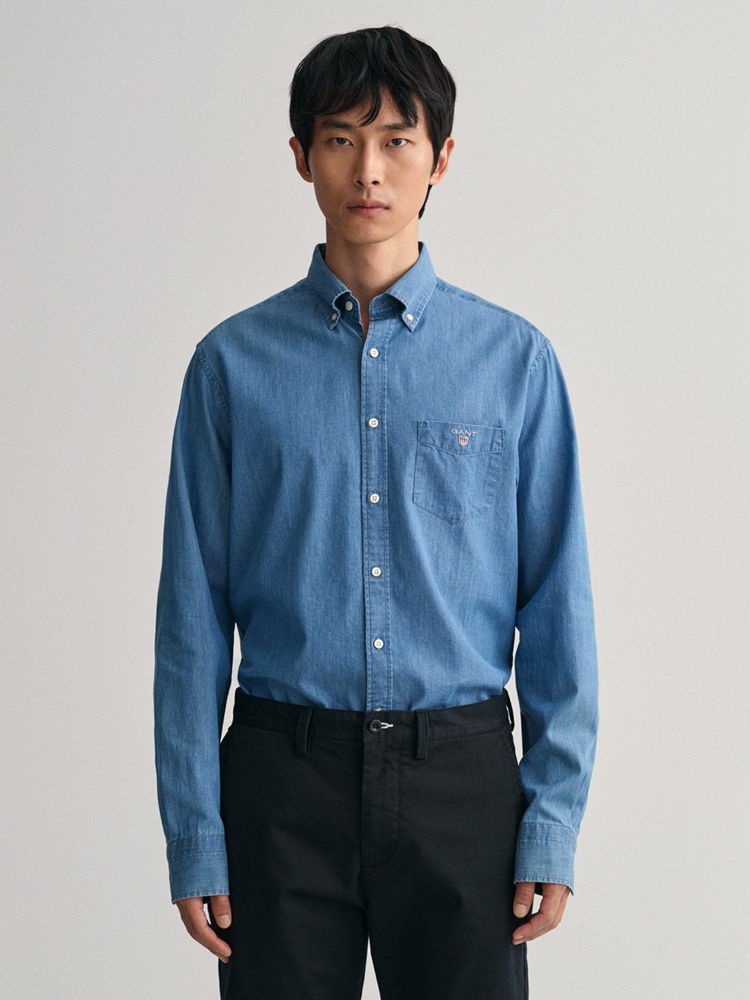 men regular indigo button down shirt in blue