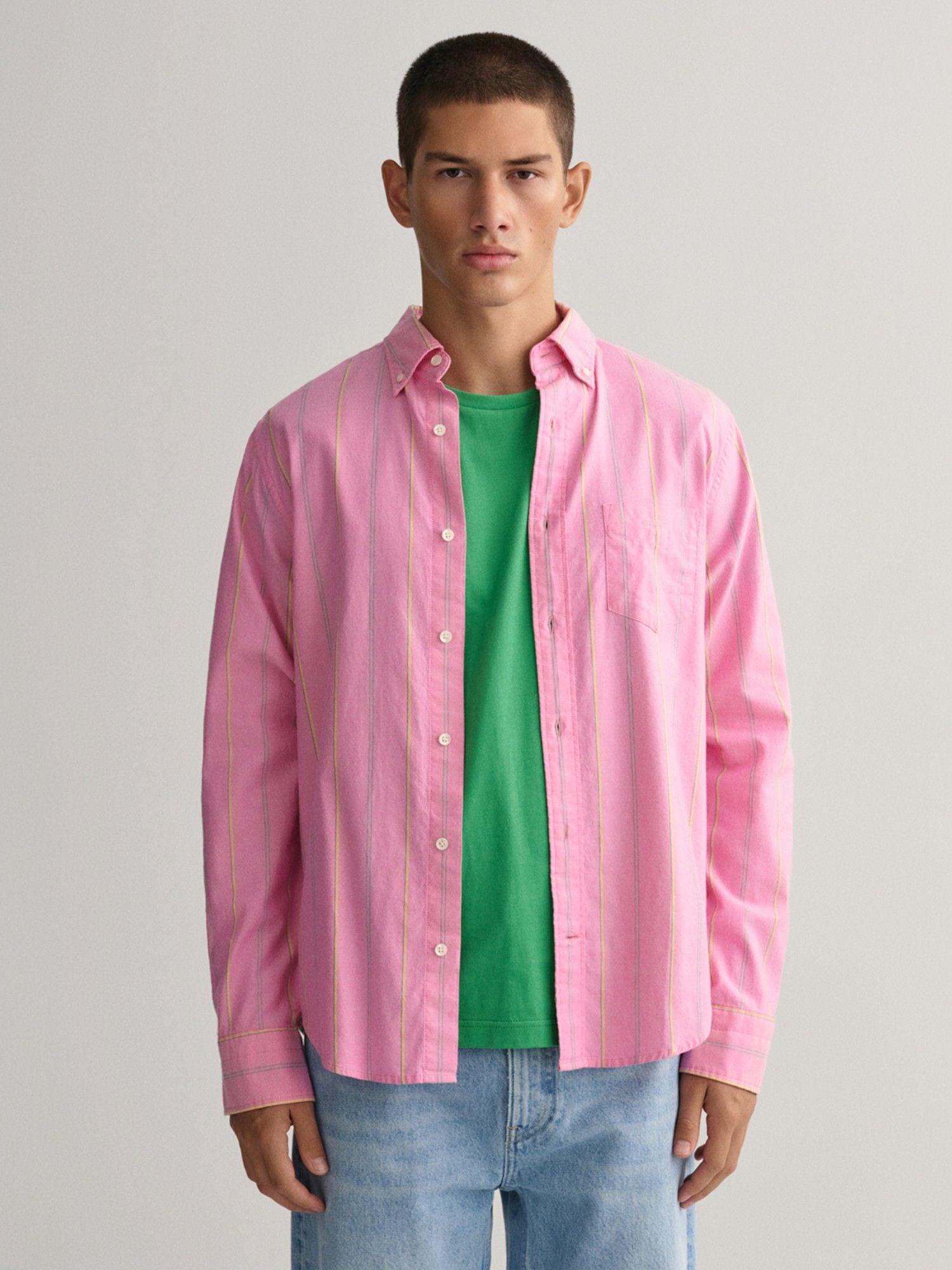 men regular oxford pink stripes button down shirt