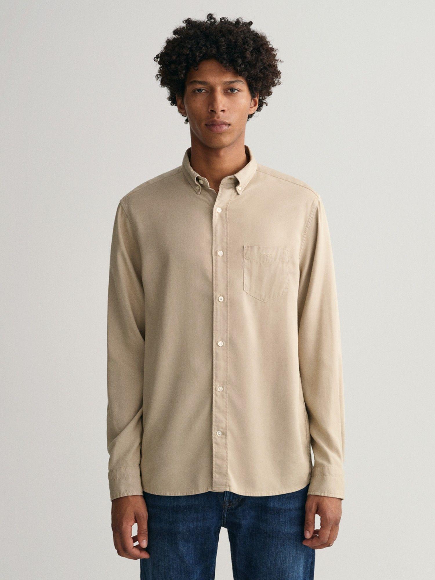 men regular solid beige shirt