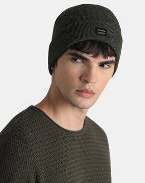 men ribbed beanie with brand applique