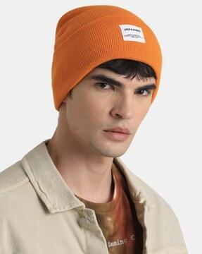 men ribbed beanie with brand applique