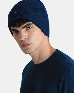 men ribbed beanie with brand applique