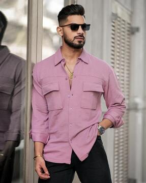 men ribbed loose fit shirt with flap pockets